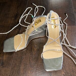 EGO Silver Metallic Lace-Up Wedge Sandals